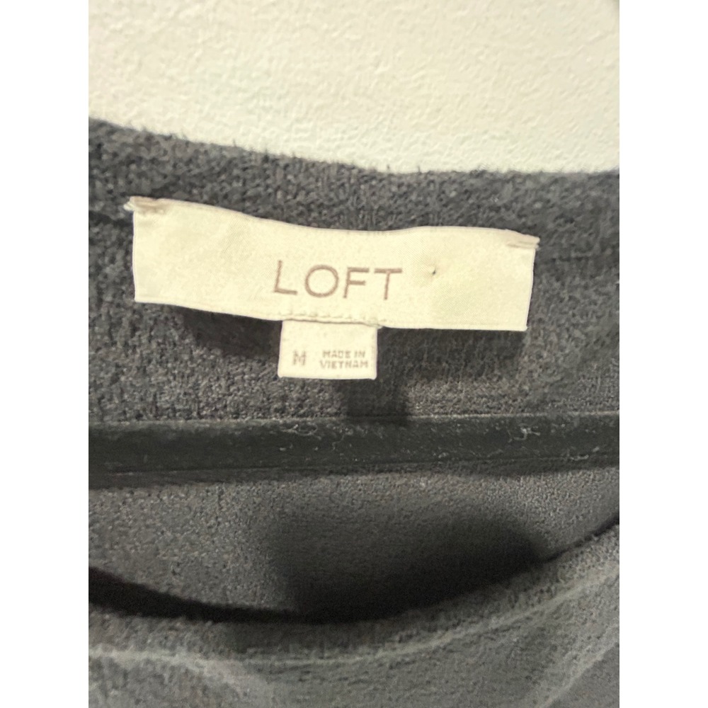 LOFT Womens Medium Black Textured Cotton Smocked Hem Long Sleeve Top - Picture 2 of 10